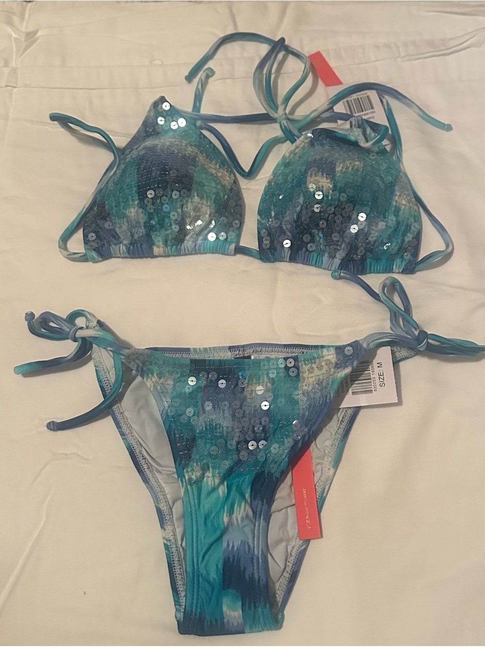 Vix Teal Blue Sequin Tie Bikini Set